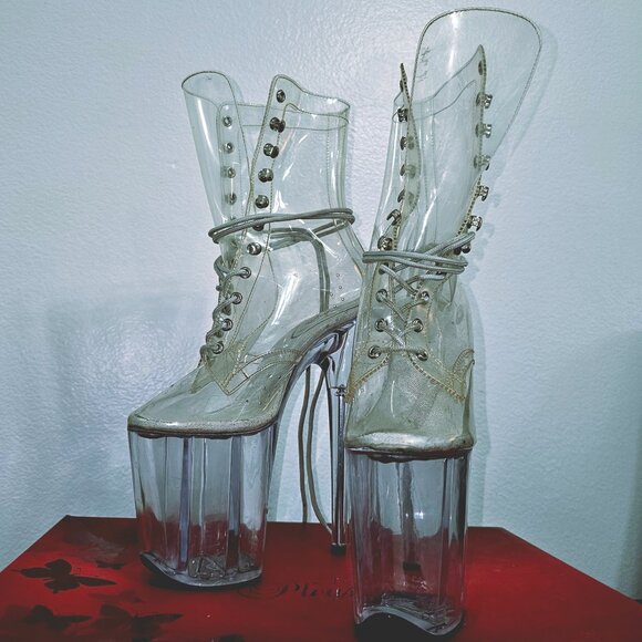 Pleaser Shoes - Pleaser Clear PVC Platform High-Heel Lace-Up Boots - Transparent